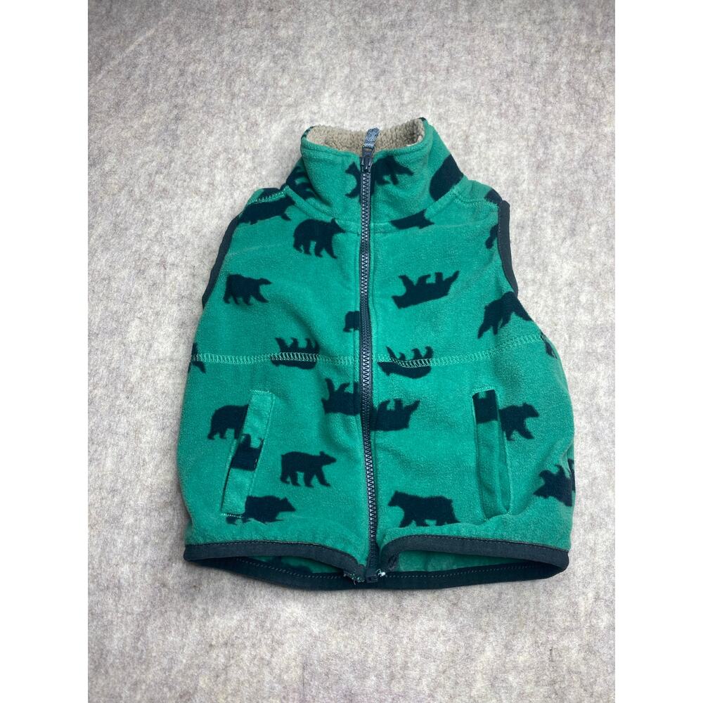 Carters green & blue bear patterned fleece zip up vest w pockets size 12 months